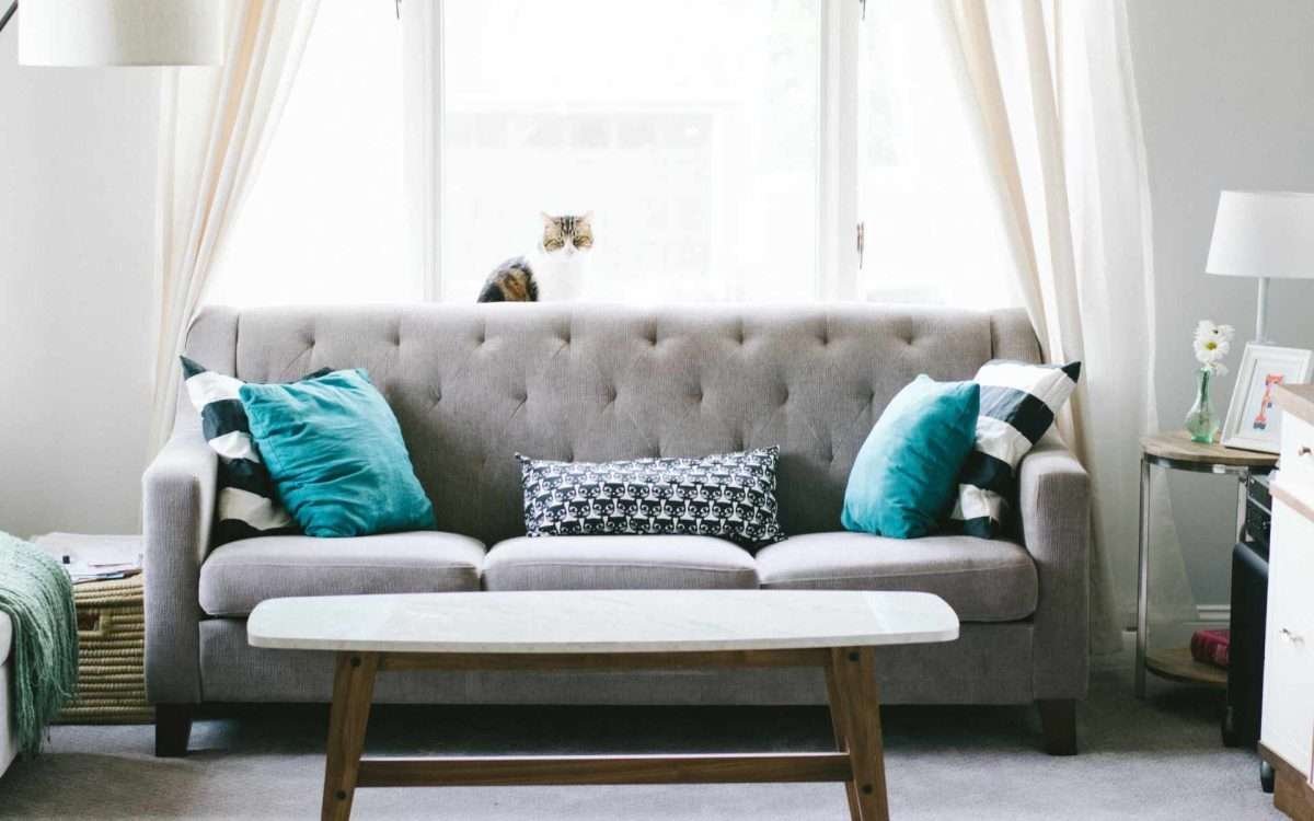 a grey sofa with turquoise pillows