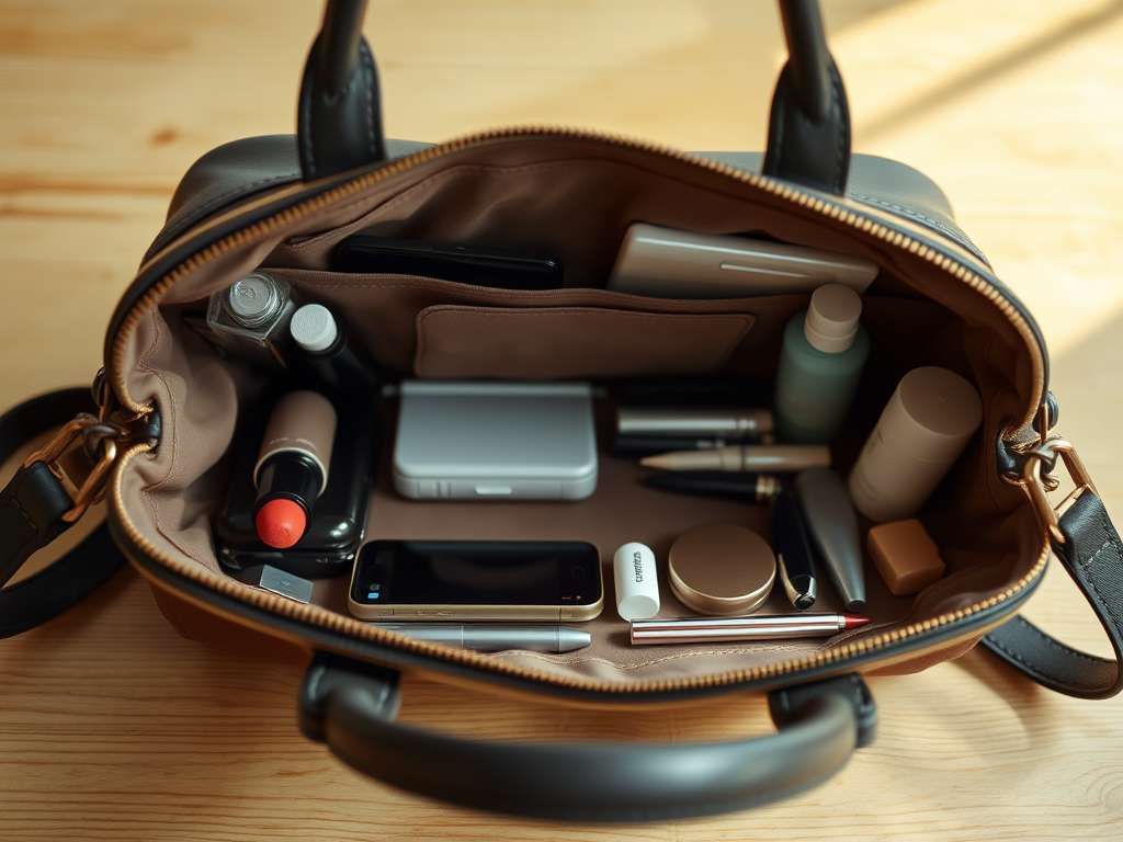 image of the inside of a purse with cell phone and lip gloss