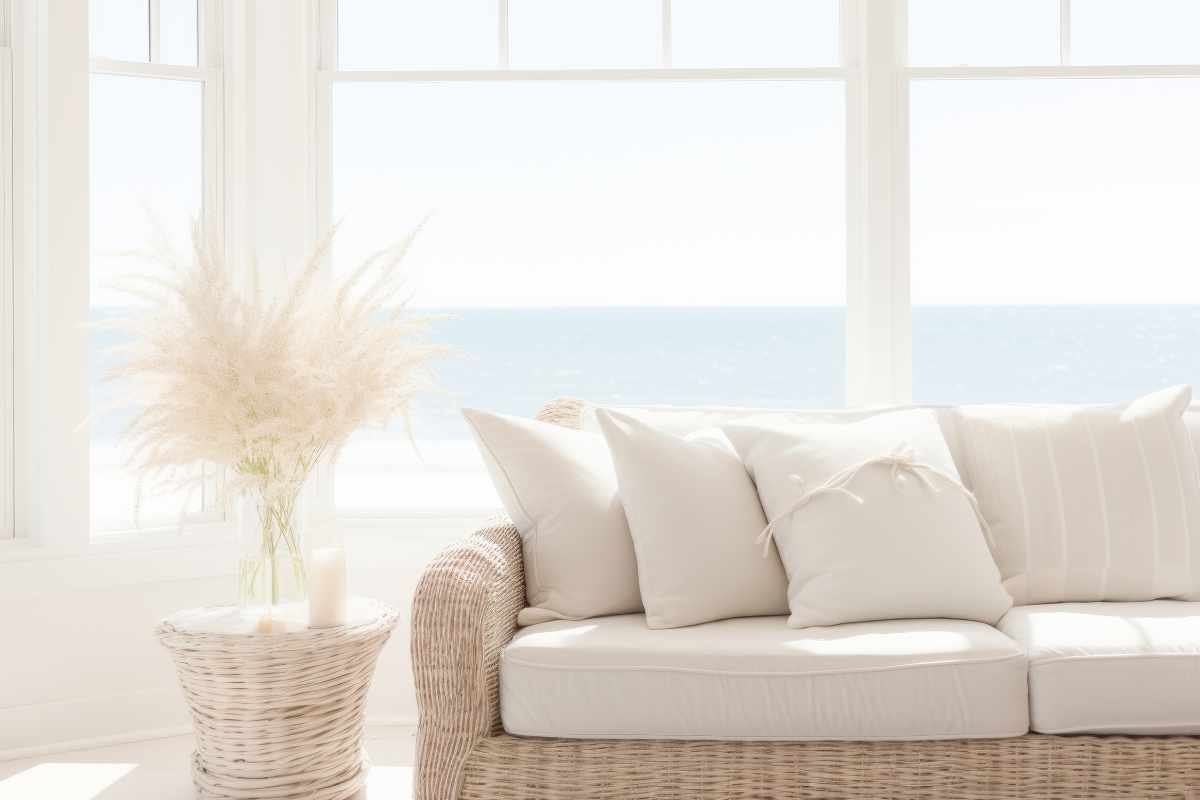 wicker sofa with white cushions in front of a window