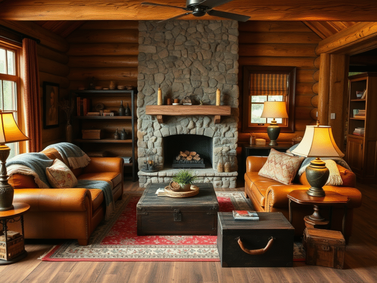 a rustic fireplace in a log cabin living room