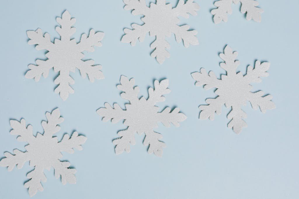 Delicate white snowflakes arranged on a soft blue backdrop, perfect for winter or festive designs.